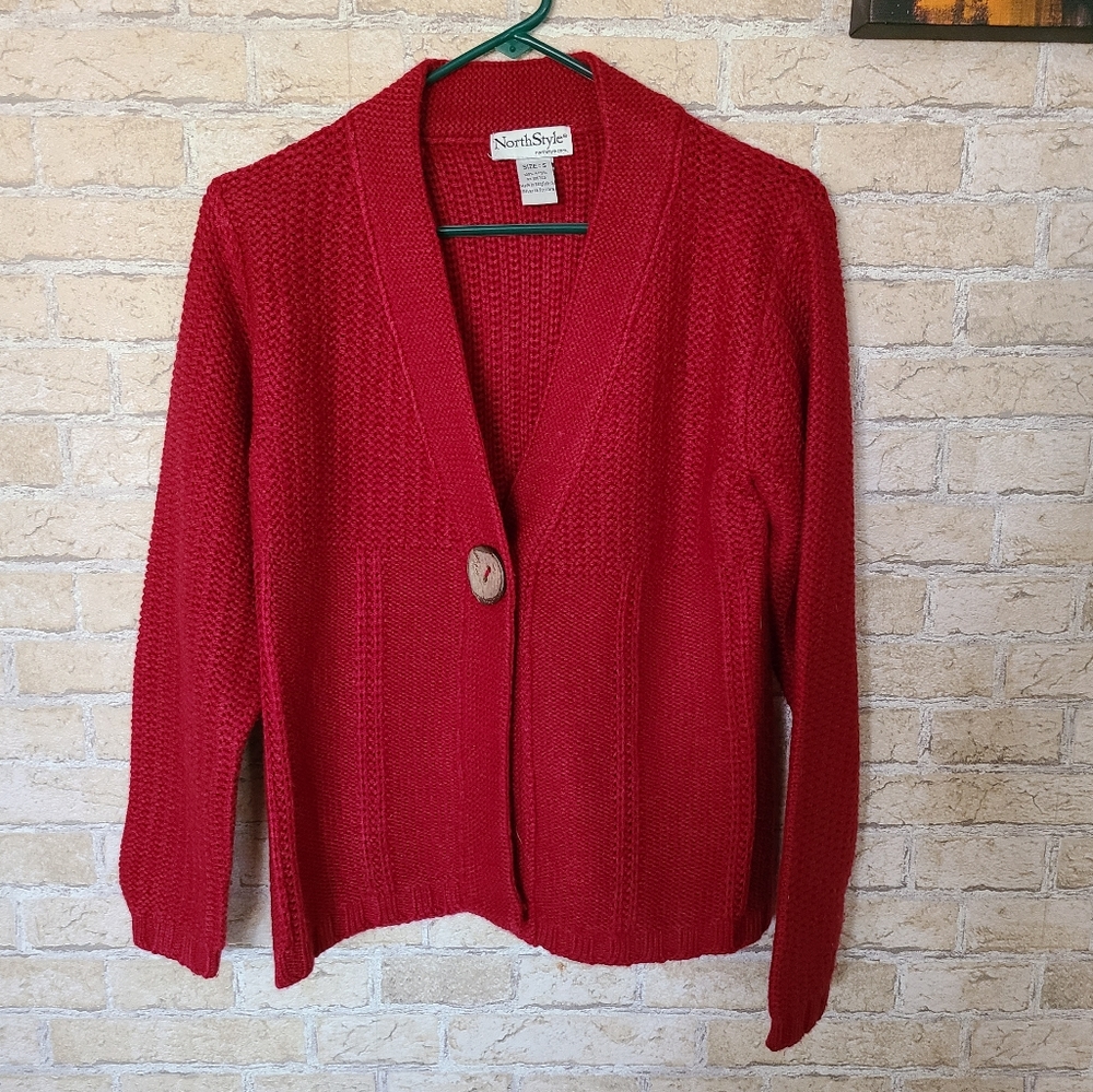 Red knit cardigan sweater